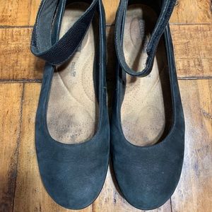 Black suede Clarks flats with ankle strap size 8